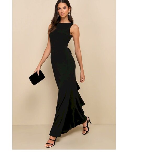 Lulus Exquisite Refinement Black Backless Bow Ruffled Maxi Dress Lulus XS NWT - Picture 3 of 9